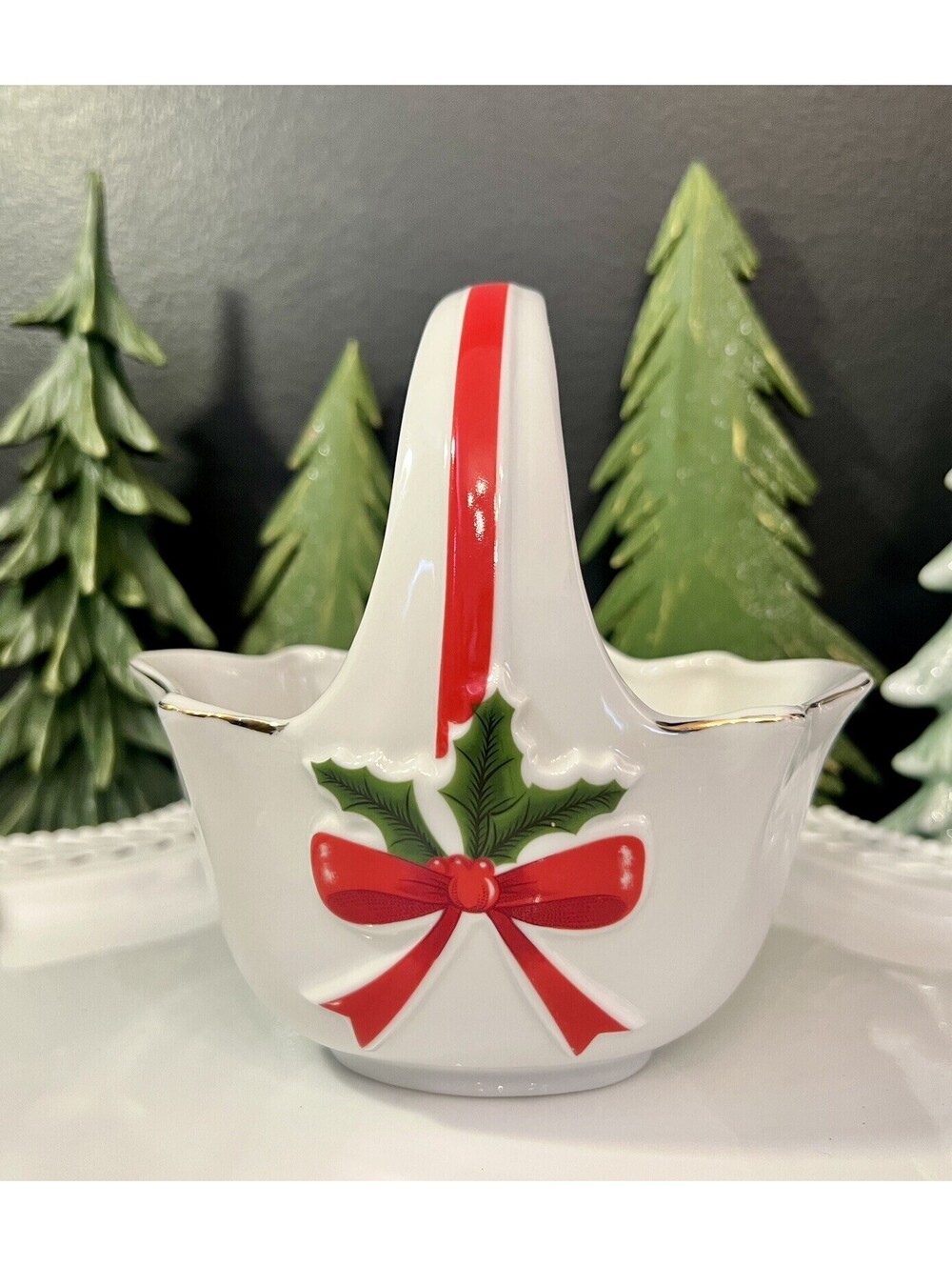 Vintage Mount Clemens Pottery Porcelain Basket, Christmas Candy Dish